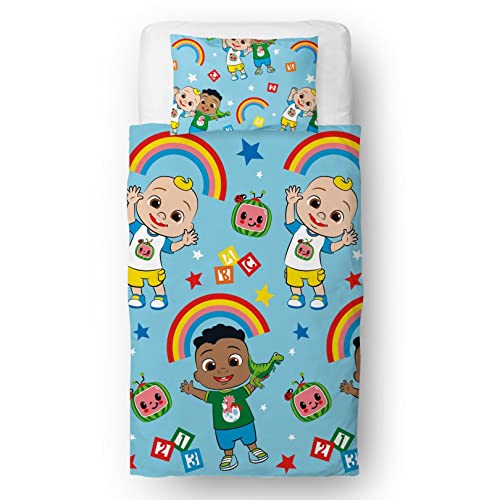 CoComelon Housse de couette simple officielle avec motif mignon | Housse de couette réversible double face bleue avec taie d'oreiller assortie Cover