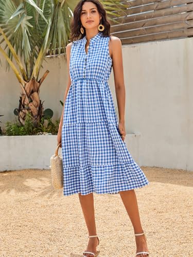 Image of BROVAVE Womens 2026 Summer Sleeveless Shirt Dress Collar Striped V Neck Casual Midi Dresses