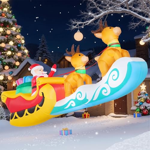 JOYIN 10 FT Long Christmas Inflatable Hanging Santa Sleigh and Reindeer Outdoor Decoration,...