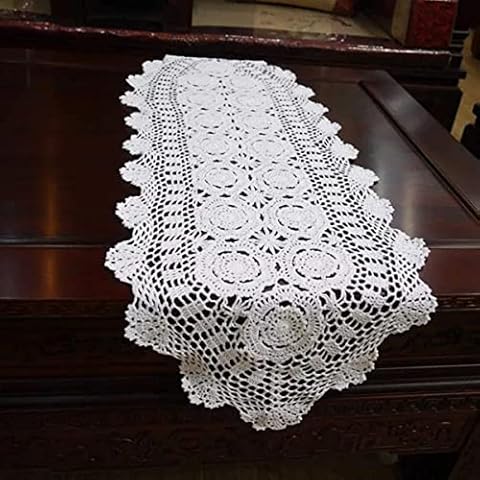 Janef White Handmade Crochet Cotton Table Runner Lace Doilies Doily Oval Dresser Scarves ,16 by 51 Inches. Cover