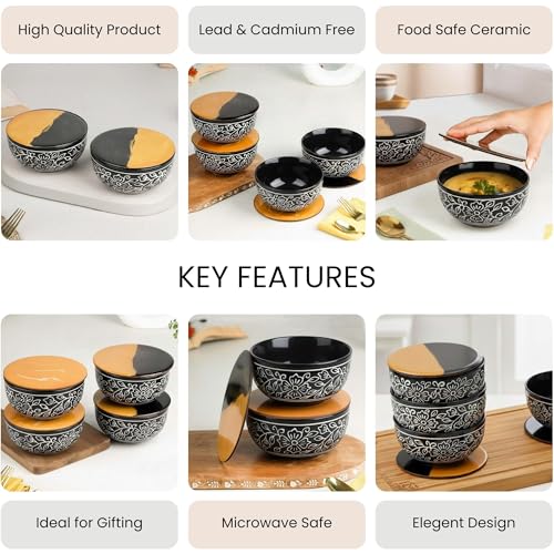 Image of The Earth Store Black Artvine Snack Bowl with Coasters /Lid Set for Kitchen | Dishwasher & Microwave Safe Serving Bowl for Snacks, Rice, Dal, Fruits, Salad | 500ML Set of 4