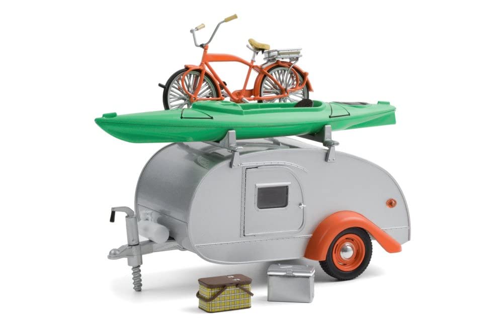 ModelToyCars Teardrop Trailer with Roof Rack, Bicycle, Kayak, Cooler & Picnic Basket, Silver and Red - Greenlight 18460 1/24 Scale Diecast Model Toy Car