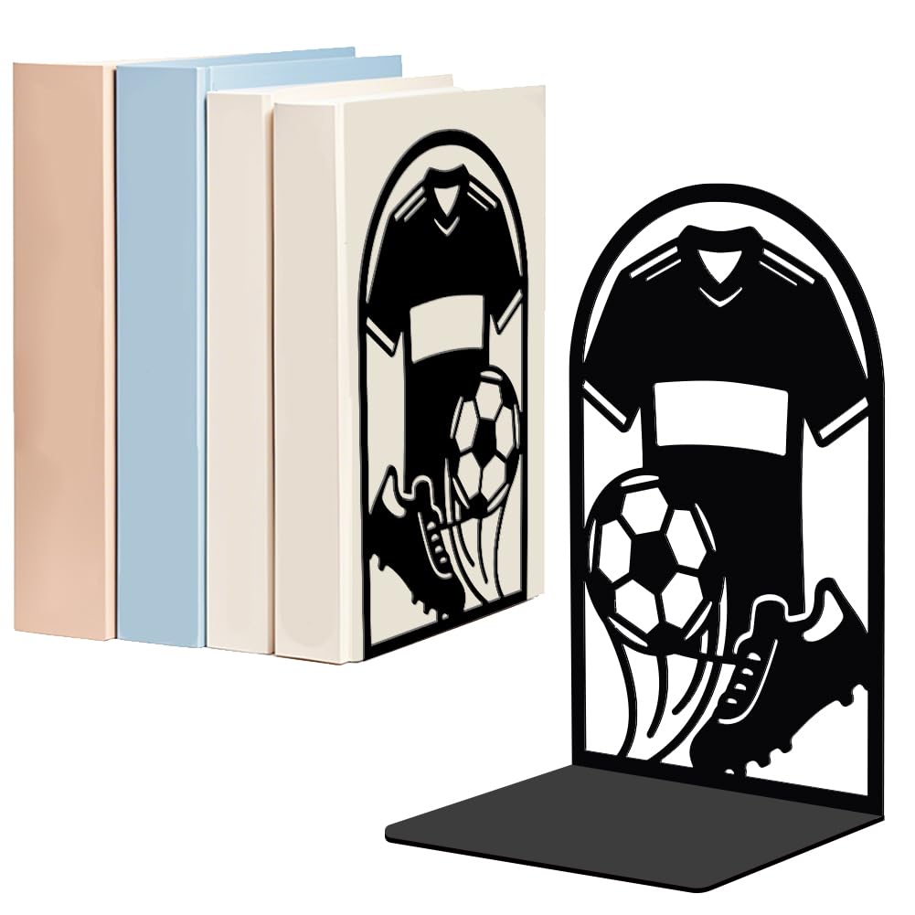WADORN 1 Pair Soccer Jersey Shoes Metal Decorative Bookend for Shelves, Heavy Duty Book Ends Modern Non-Skid Books Holder Stand Black Book Support Stoppers for Desk Bookshelf Office, 5.3x4.3x7.8 Inch