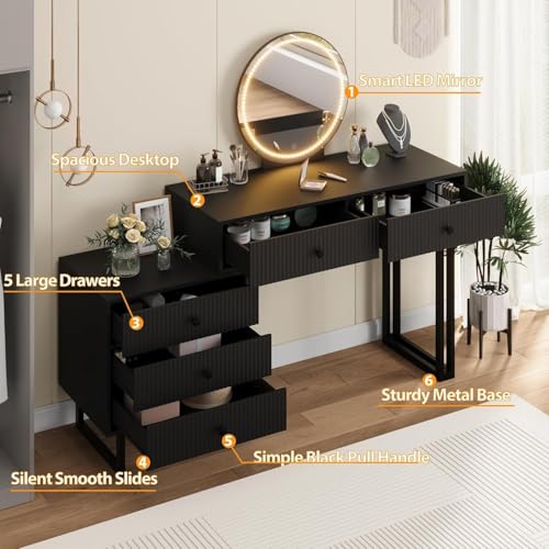 Black Vanity Desk with Mirror and Lights, Makeup Vanity with 5 Drawers for Bedroom, Modern Makeup Vanity Organizer with 3 Color Lights&Adjustable Brightness