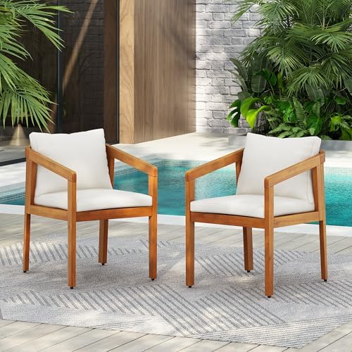 Christopher Knight Home Lucid Set of 2 Outdoor Dining Chair, Acacia Wood Frame Dining Chairs, Accent Chair Set with Comfortable Cushions, Patio Armchair for Backyard Poolside Garden, Natural + Beige