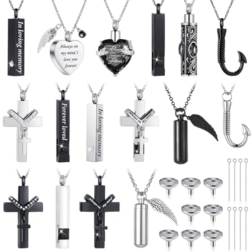 Huquary 16 Pcs Urn Necklace for Ashes Waterproof Stainless Steel Carved Ashes Locket with 8 Filling Kit Heart Cylinder Cross Cubic Fish Hook Jewelry for Ashes with Diamond for Men Women(Black)