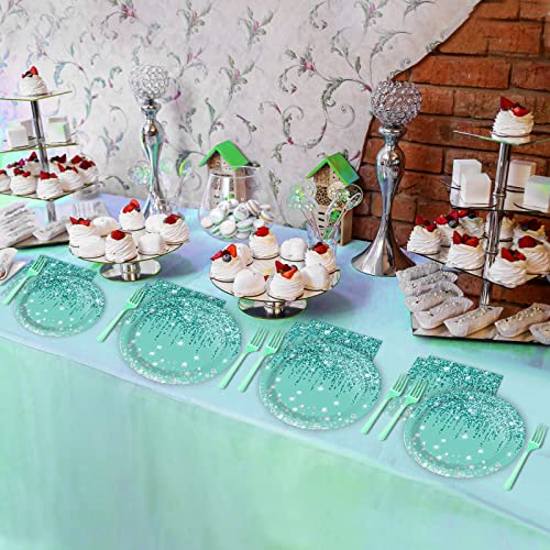 96 Pieces Happy Birthday Tableware Set For Green Happy Birthday Table Decor Silver Glitter Birthday Theme Dessert Plates Napkins Forks For 24 Guests Girls Women Silver Glitter Birthday Party Supplies #TOP5
