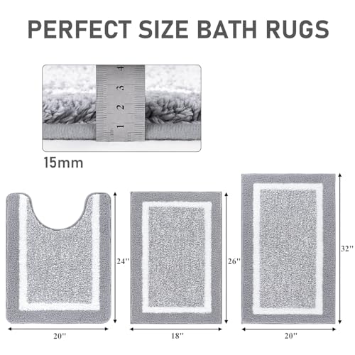 Pauwer Bathroom Rug Sets - 3 Piece Shower Mats with U-Shaped Contour Toilet Mat, Absorbent Microfiber Plush Bath Mats, Non Slip, Machine Washable Shaggy Floor Mats