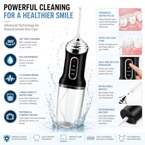 Image of Water Flosser for Teeth Cordless, Electric Dental Flosser 4 Modes & 6 Jet Tips for Oral Care, Rechargeable Floss DIY Mode IPX7 Waterproof, Portable Oral Irrigator for Travel and Home Gift (320ML)