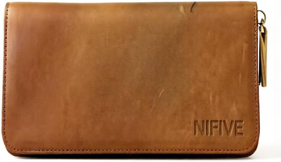 Men's Leather Long Wallet, Brown Leather Zip Around Organizer with Multiple Card Slots