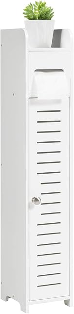 COSTWAY Toilet Tissue Cabinet, Wooden Freestanding Bathroom Storage Cabinet with Paper Roll Holder and Door, Space-Saving Laundry Cupboard Organiser Unit (White, without Side Shelves)