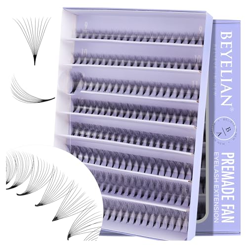 BEYELIAN Premade Volume Eyelash Extensions Mixed Tray 1000 Fans 9-16mm 0.07mm 10D C Curl Premade Fans Eyelash Extensions Handmade Promade Loose Fans Thin Base