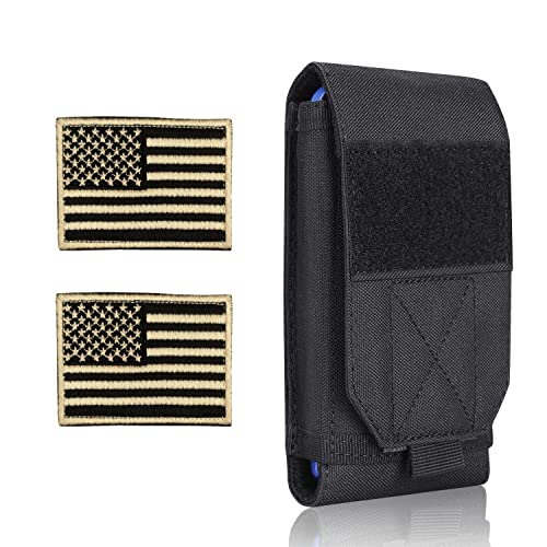 Image of Black Tactical Molle Cellphone Pouch Case,Heavy Duty Waterproof Phone Holster Bag for iPhone 11 12 13 Pro Max for Samsung S22 S21 S20 FE Note 20 A02S Less 6.7 inch Phone with 2 Pack US Flag Patch