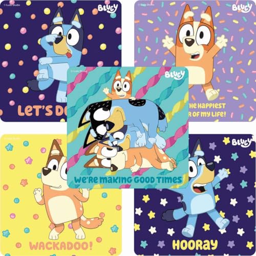 SmileMakers Bluey Stickers for Kids Classroom - 100 Count Bulk Teacher Supplies with 5 Assorted Character Designs | 2.5 Inch Reward Stickers for Students Preschool & Elementary School Prizes
