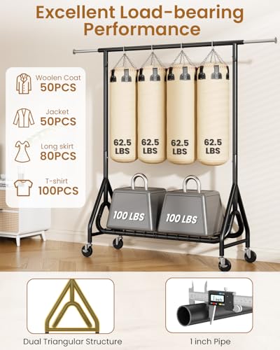 Image of Heavy Duty Clothes Rack, Metal Clothing Rack Load 450 LBS, Rolling Coat Racks for Hanging Clothes with Lockable Wheels, Wardrobe Closet Garment Racks for Bedroom, Black