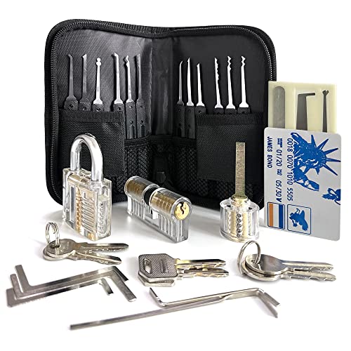 Lock Picking Set Pick Lock Kit with 3 Transparent Practice Locks + Credit Card Size Lock Pick Set for Beginners, Locksmiths and Professionals Training