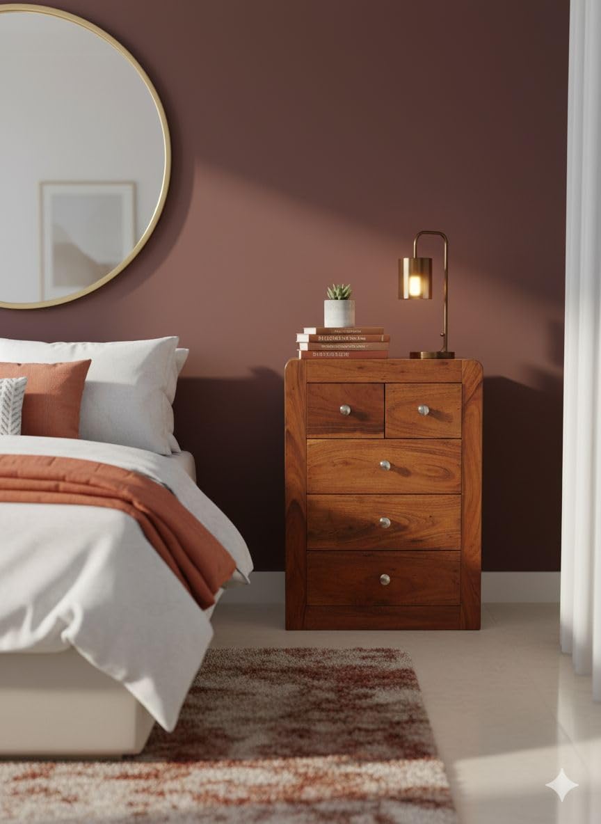 RAMA HANDICRAFT Wooden Chest of Drawers, Brown Solid Wood Storage Cabinet with 5 Drawers, Silver Knobs, 60x45x40 cm, Living Room Dresser-image-45