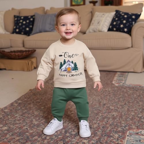 Baby Boy First Birthday Outfit Long Sleeve One Happy Camper Sweatshirt Jogger Pants Infant Fall 1St Birthday Clothes2