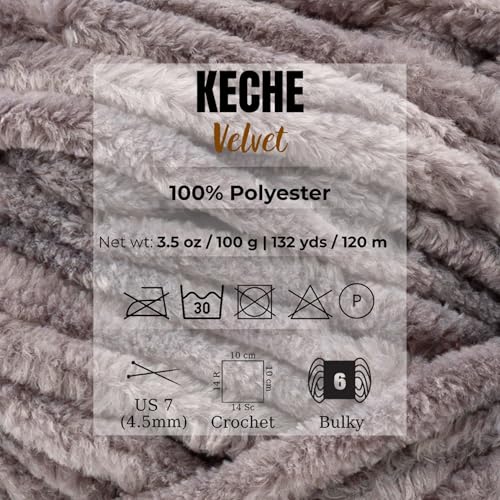 Image of Keche Velvet Yarn for Crocheting, Soft Chenille Bulky Baby Blanket Amigurumi Yarn 100 gr (132 yds) - Grey