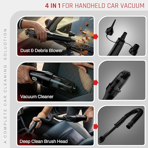 Image of DOMESTICA 4-in-1 Cordless Car Vacuum Cleaner | Portable Handheld Vacuum Cleaner for Car Use with Blower & Inflator | High Speed Power Suction | 9000 Pa Suction | HEPA Filter, Multiple Nozzles (Black)