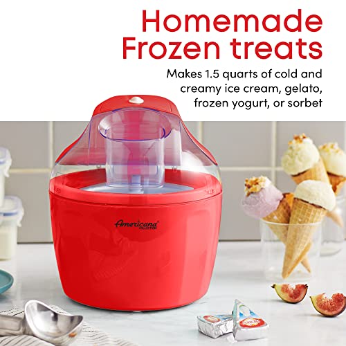 Americana Eim-1400R 1.5 Qt Freezer Bowl Automatic Easy Homemade Electric Ice Cream Maker, Ingredient Chute, On/Off Switch, No Salt Needed, Creamy Ice Cream, Gelato, Frozen Yogurt, Sorbet, Recipe Book #TOP2