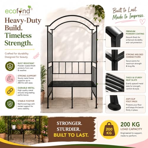 Image of ecofynd 6.8 Feet High 3.8 Feet Wide Garden Arch with 2-Seater Bench, Metal Arbor Trellis for Climbing Plant with Outdoor Garden Chair, Backdrop Stand for Wedding Lawn Backyard Party Decor (GC004-BLK)