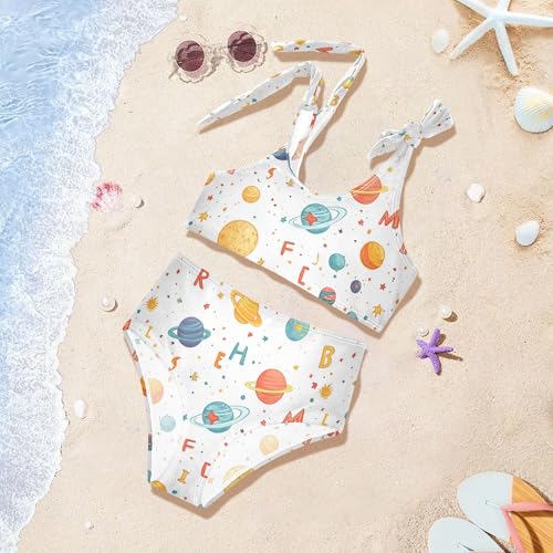 JUNZAN Cartoon Outer Planets Alphabet White Girls Bikinis Cute Elastic 2 Piece Swimwear Preppy Girls Swimming Suits 3T4