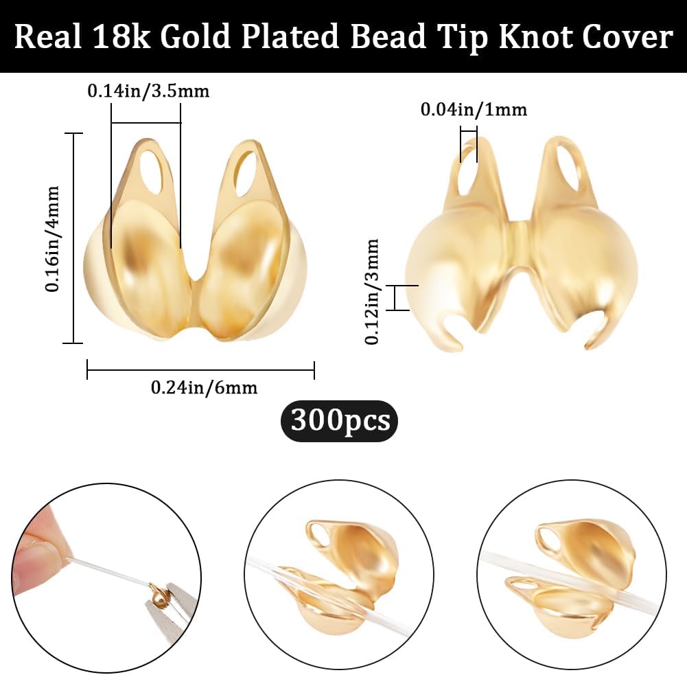 Beebeecraft 1 Box 300Pcs Bead Tips 18k Gold Plated Calotte Ends Open Clamshell Knot Covers Fold Over Bead Tips 1mm Small Hole End Caps for Knots Crimp Findings Crafts - Image 2