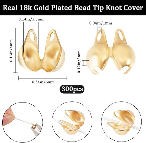 Miniatura 2 de Beebeecraft 1 caja de 300 puntas de cuentas chapadas en oro de 18 quilates, tapas abiertas para nudos, puntas de cuentas de 0.039 pulgadas (0.039
