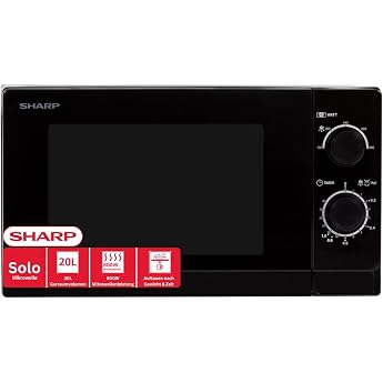 Sharp R200BKW Solo Microwave / 20 L / 800 W / 5 Power Levels / Timer from 35 Minutes to 00 Seconds / Weighted Defrosting / Energy Saving Mode / Glass Turntable 25.5 cm / Black