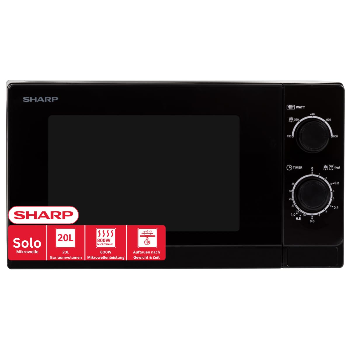 SHARP R200BKW Solo-Mikrowelle (20 L, 700 W MW, 6 Leistungsstufen), (24,5 cm Glasdrehteller), Schwarz