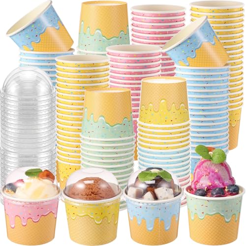 Image of Jingmore 100 Count Paper Ice Cream Cups with Clear Dome Lids Disposable Dessert Cups Bulk Dessert Bowls Sundae Containers for Snack Yogurt Soup Birthday Ice Cream Party Supplies (4 oz)