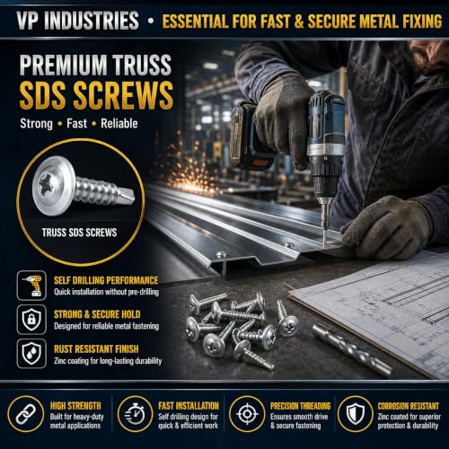 Image of Rely⇒VP INDUSTRIES (Pcs-50) No.8x50 mm Truss Phillips Self-Drilling Screw - White Zinc Coated Carbon Steel, Ideal for Metal, Wood, Plywood, Cabinets, Furniture & DIY Projects