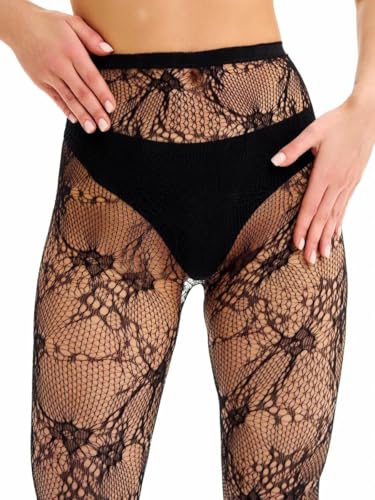 Womens High Waist Tights in Classic and Sexy Patterned Lace Stockings - Best Fishnet Stockings Patterned Tights for Girls, Womens Goth Black to Elevate Your Look (Stylized flower black)3