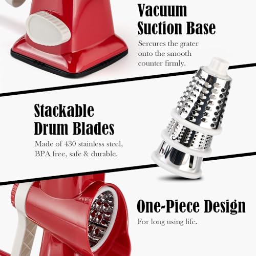 Image of Badelite Cheese Grater Hand Crank Rotating Cheese Shredder Stainless Steel Vegetable Slicer Grater for Kitchen 3 Blades for Cheese, Carrot, Cucumber, Nuts, Chocolate, Red