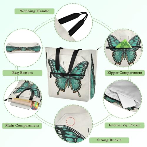 Green Butterfly Book Tote Bag,Large Capacity Handbag with Zipper Perfect for School,Travel,Shopping3