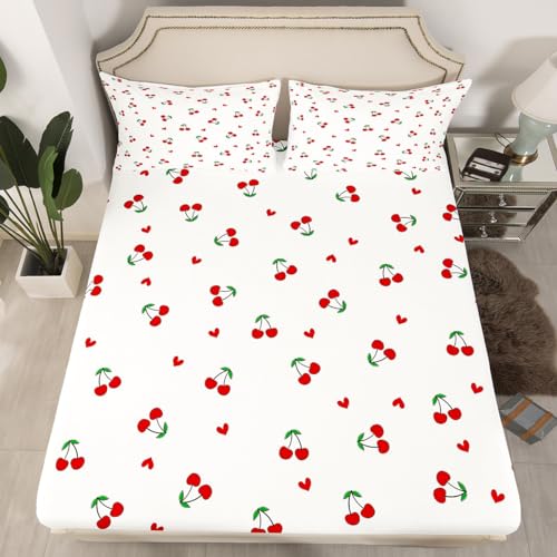 Feelyou Kids Red Cherry Fitted Sheet Queen Size, Cherry Pattern Bed Sheet Set Boys Girls Cute Fruit Bedding Set Kawaii Cartoon Fruit Teens Bed Cover Room Decor Lightweight Bed Set (No Flat Sheet)
