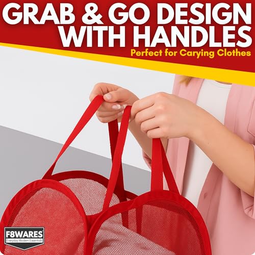 Image of F8WARES 2PK 75 Litres Nylon Mesh Foldable Laundry Basket for Clothes - Odourless Breathable Laundry Bag for Clothes with Carry Handles - Kids Toy Baskets For Storage & Dirty Cloth Basket Hamper Red