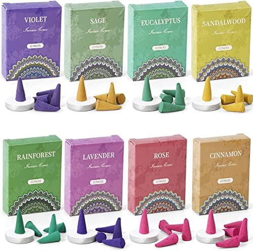 Incense Cones with Holder, 120 Pcs Mixed Natural Scents Deco Sandalwood Lavender Rose Sage Cinnamon Eucalyptus Rainforest Violet, 8 Assorted Boxes