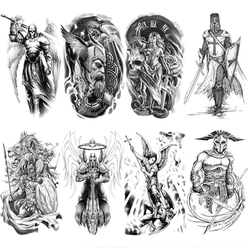 Cool Warrior Roman Temporary Tattoo For Men, Large Black Realistic 3D Greek God Gladiator Fake Tattoo Adult Teen Boy, Spartan Knight Lion Cross Temp Tatoo Sticker Half Sleeve Arm Chest Body, 8-Sheet