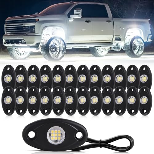 24 Pods White Led Rock Lights,Automotive General Under Body Neon Glow Led Pure Light Kit Ip68 Waterproof 3.8ft Extension Wires for Car Truck Boat Rv ATV Utv SUV RZR Motorcycle Trail Rig Lamp(White)