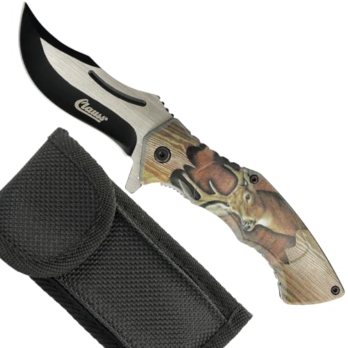 Clauss Klappmesser mit Tiermotiv Hirsch | Einhand Taschenmesser in Holzoptik mit Finger-Flipper, Gürtelclip & Gürteltasche | extrem scharfe & robuste Klinge 10008