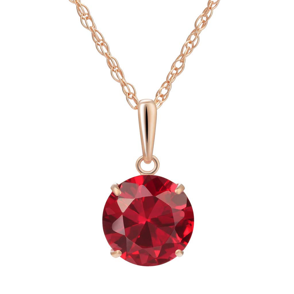 SOLIDGOLD - 14K Gold Pendant with Pink or Created Ruby CZ Round Solitaire Stud & Adjustable Chain Sizes 6-9mm in Yellow, Rose & White Gold
