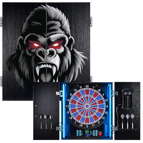 Yirinatek Dartscheibe Elektronisch, Dekoratives Elektronische Dartscheibe Schrank [6 Bronze Soft-Tip Pfeile], Eigene Lichtfarbe for Jeder Spieler, Profi E Dart Scheibe mit Holzschranktüren - [Gorilla]