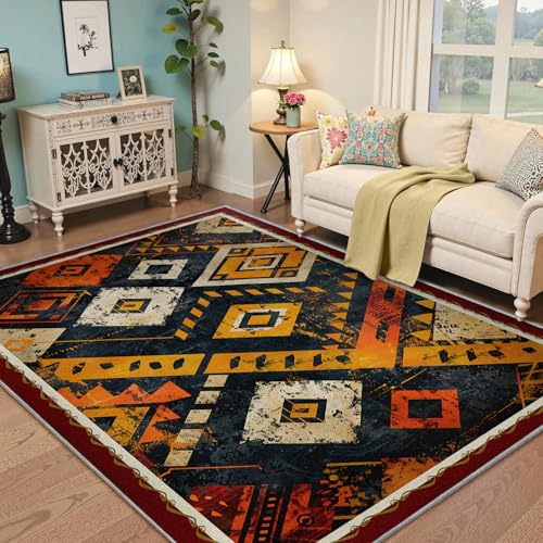 Tapis rustique usé bohème éthique avec motifs géométriques et texture lavable - 3