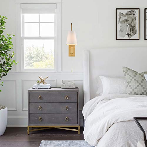 JEENKAE Modern Plated Brass Gold Plug-in Wall Sconces Set of Two Fabric Shade Bedroom Wall Lamp with Pull Chain Switch - Image 6