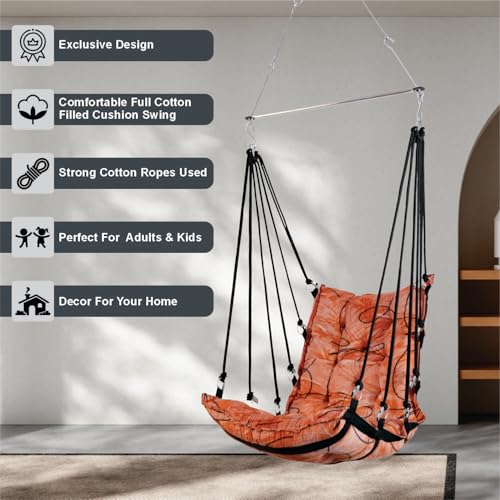 Image of JULJULIA Swing for Balcony Comfortable Cotton Swing Relaxing Jhula for Adults for Home Indoor Outdoor Hanging Seat for Apartment Patio Terrace Garden- 200 kg Weight Capacity - Velvet Design Orange