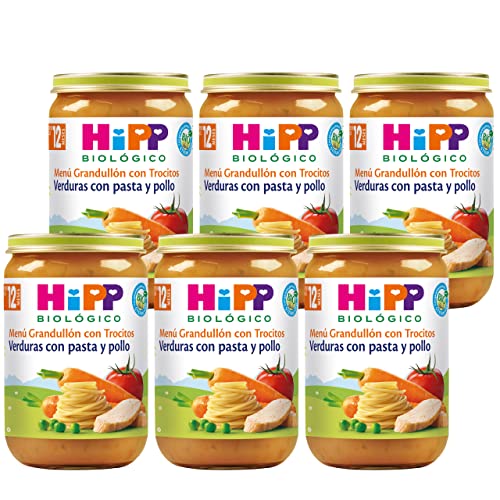 HiPP Biológico - Tarrito De Verduras con Pasta y Pollo BIO - Menú Grandullón con Trocitos - Pack 6x220g - Ingredientes de Producción Ecológica - A Partir de 12 Meses