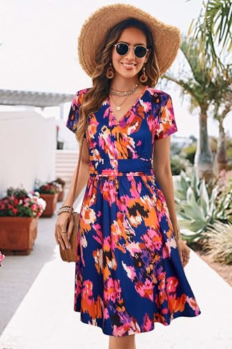 Image of Newshows Womens Summer Short Sleeve Casual Dresses V Neck Floral Vacation Sundress Faux Wrap Midi Dress with Pockets