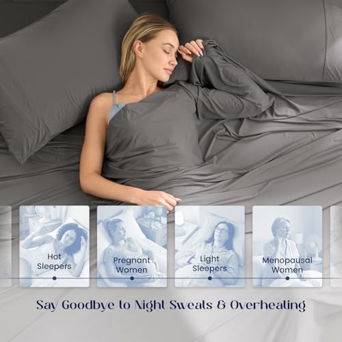 Image of Dream Valley Cooling Sheets Queen Size, Cooling Fitted Breathable Bed Sheets & Flat Sheet with 2 Pillowcases-4 PCS for Night Sweats & Hot Sleepers, Q-Max >0.45 Aerocool, Deep Pocket 16 inch,Gunmetal